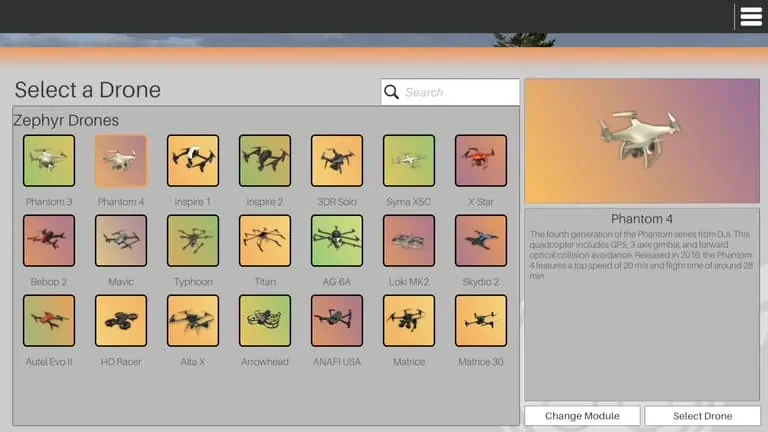 select drone for zephyr simulation