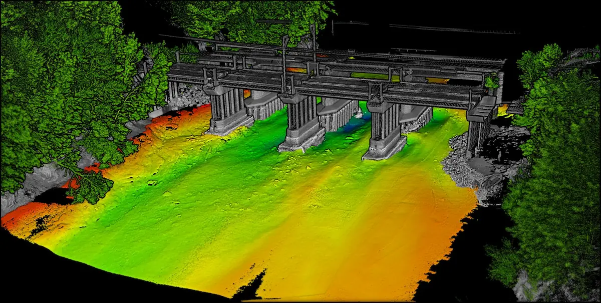 An example of the detailed single-pass 3D survey output from the Axolotl, illustrating features above and below the water