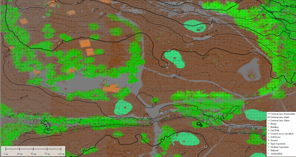 in this point cloud of a golf course, subclassifications of Ground points include cart paths (gray) and golf greens (sea green).