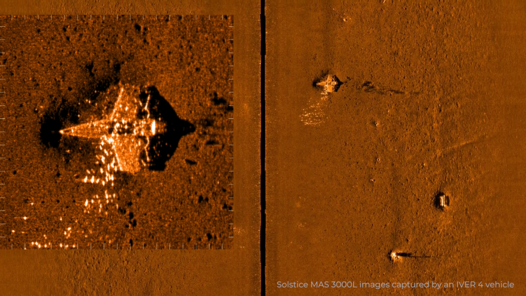Wide area shot of the seabed and zoom window showing one of the targets which is an aircraft wreck